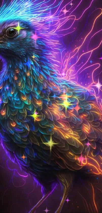 Vibrant neon bird illustration with colorful feathers and a dark background.