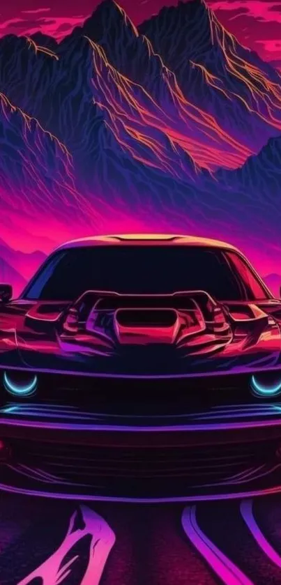 Vivid neon sports car with a purple mountain backdrop.