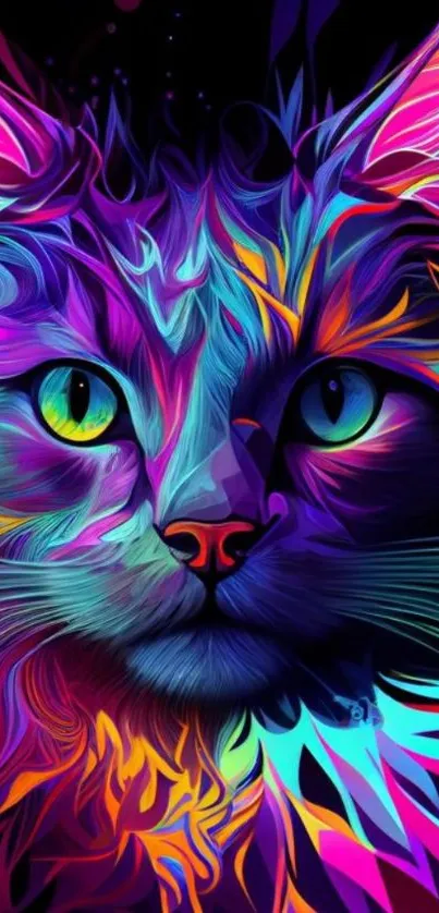 Colorful neon cat art wallpaper with vivid, abstract design.