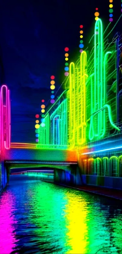 Vibrant neon cityscape reflecting on a tranquil canal at night.