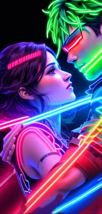 Dynamic neon cyberpunk couple in vibrant colors.