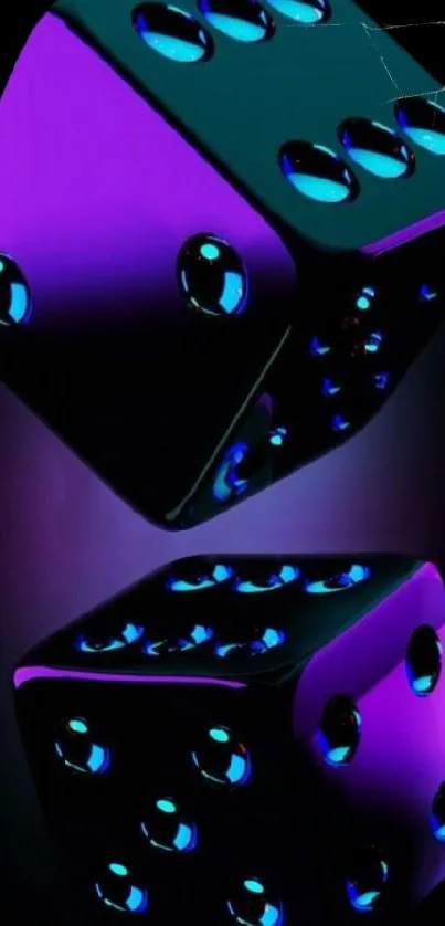 Purple and black neon dice with a glowing effect on dark background.