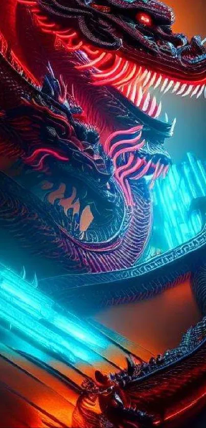 Vibrant neon dragon with red and blue lights for mobile wallpaper.