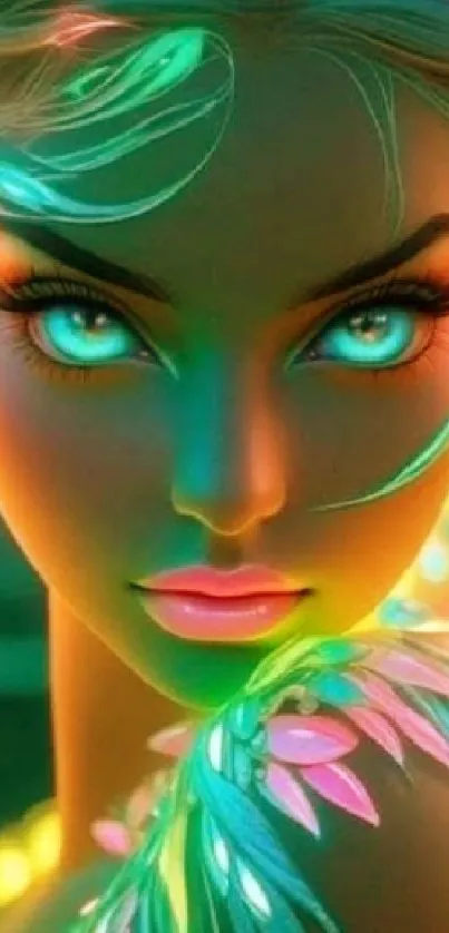 Fantasy neon portrait with glowing eyes.