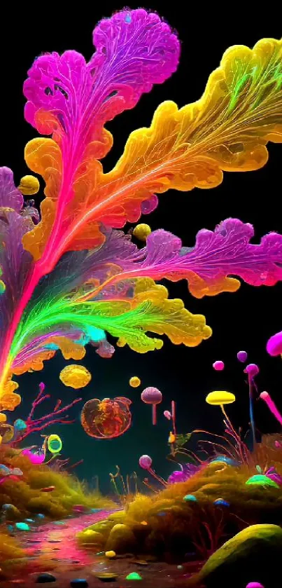 Neon fantasy wallpaper with vibrant colors and whimsical designs.