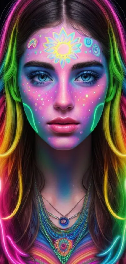 Vibrant neon fantasy portrait with colorful hues and psychedelic design.