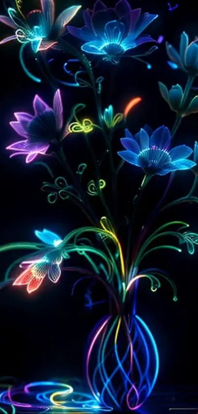 Vivid neon floral arrangement with glowing blossoms and intricate vase design.