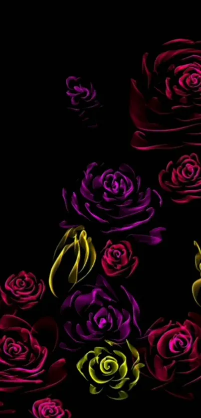 Vivid neon roses on black background mobile wallpaper.