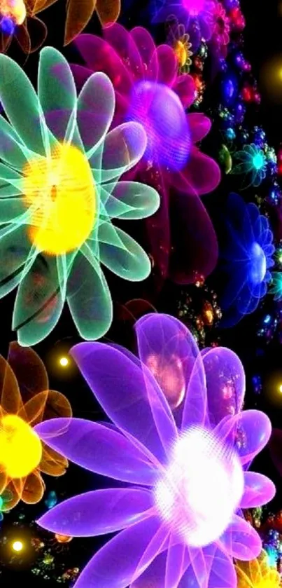 Vibrant neon floral wallpaper with glowing colors.