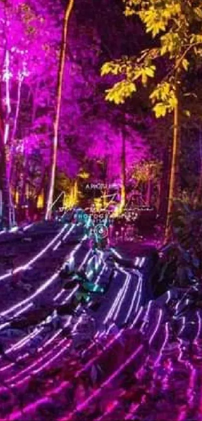 Vivid neon forest with pink and purple lights creating an ethereal ambiance.