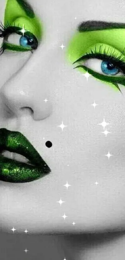 Stylized portrait with neon green makeup and bold artistic flair.