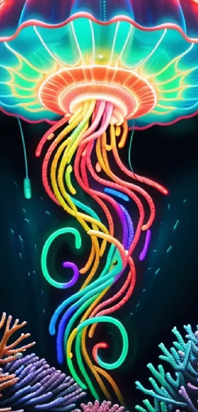 Neon jellyfish with rainbow tentacles and corals on a dark background.