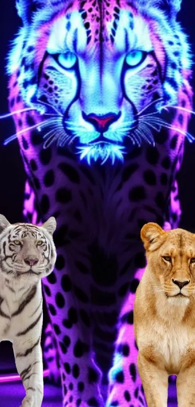 Neon-themed artwork featuring a trio of vibrant wild cats in a jungle scene.