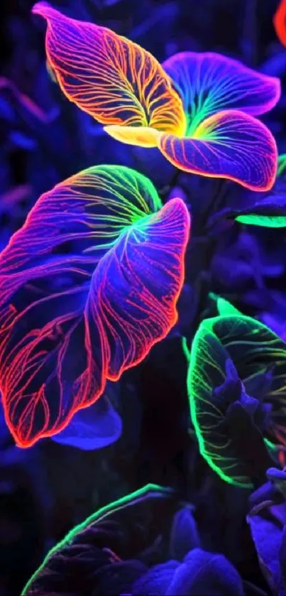 Neon leaves glowing in vibrant blues and greens, creating a striking visual effect.