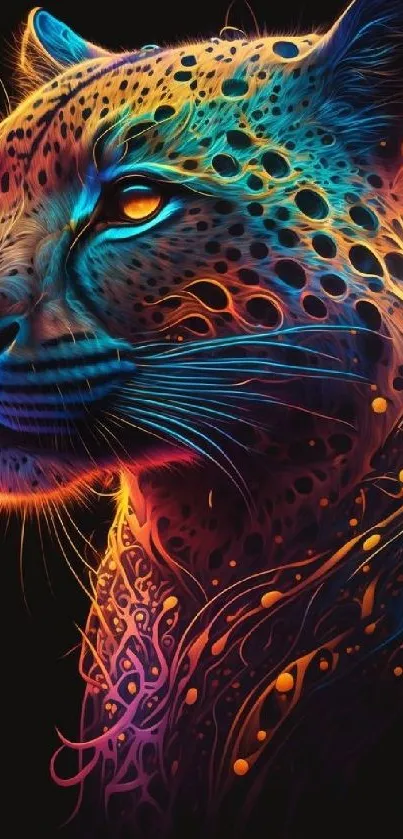 Vibrant neon leopard digital art wallpaper with intricate details.