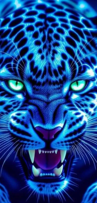 Bright neon blue leopard with glowing green eyes