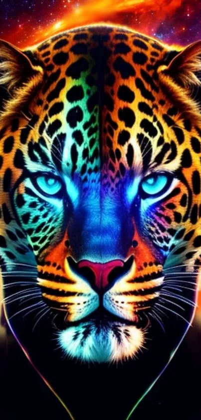 Vivid neon leopard wallpaper with cosmic background in bright colors.
