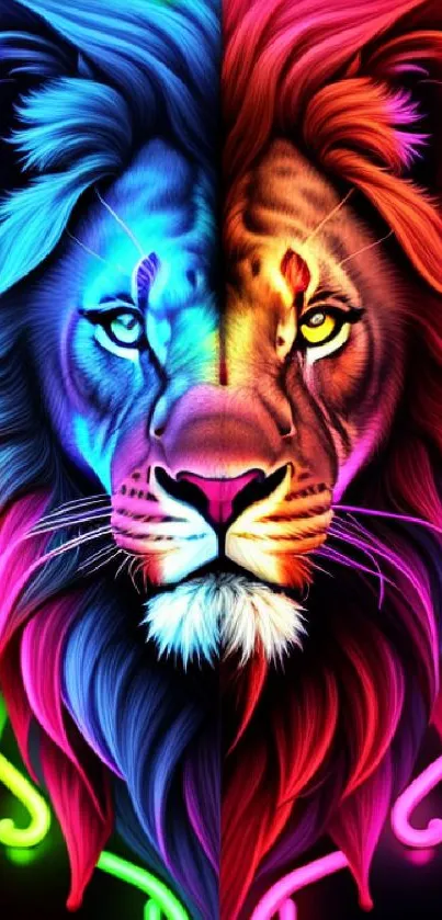 Neon lion face with vibrant colors and symmetrical design mobile wallpaper.