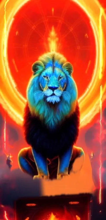 Neon lion with a vibrant aura against a fiery background.