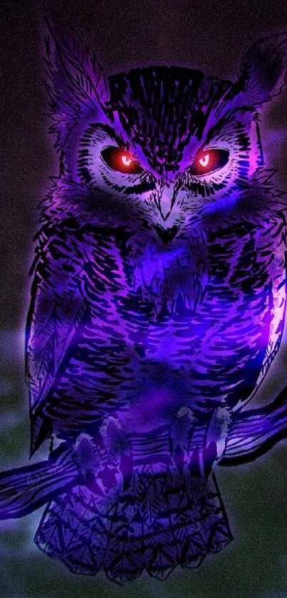 Vivid neon owl with glowing eyes on a branch in a purple backdrop.