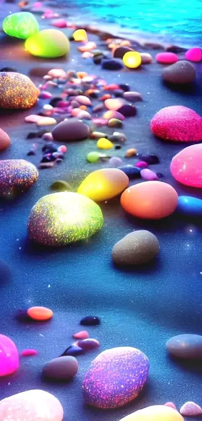 Colorful neon pebbles on a beach at night, glowing vibrantly in various hues.