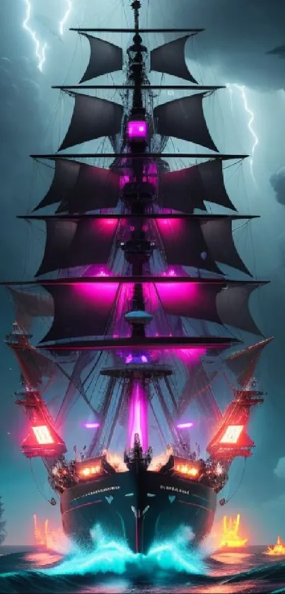 Neon pirate ship sailing in stormy seas under lightning.