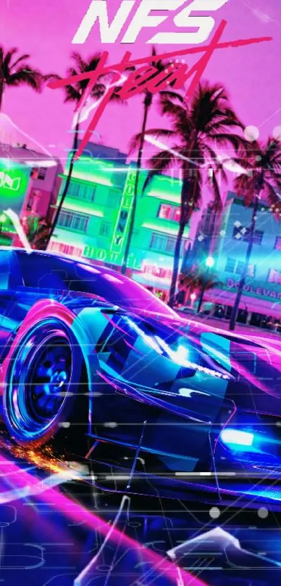 Neon racing car with vivid cityscape backdrop.