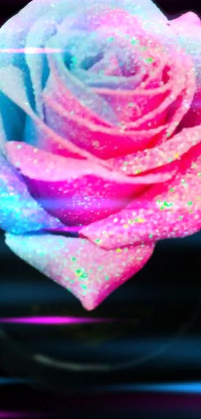 Vibrant neon pink and blue rose with glitter accents on a black background.