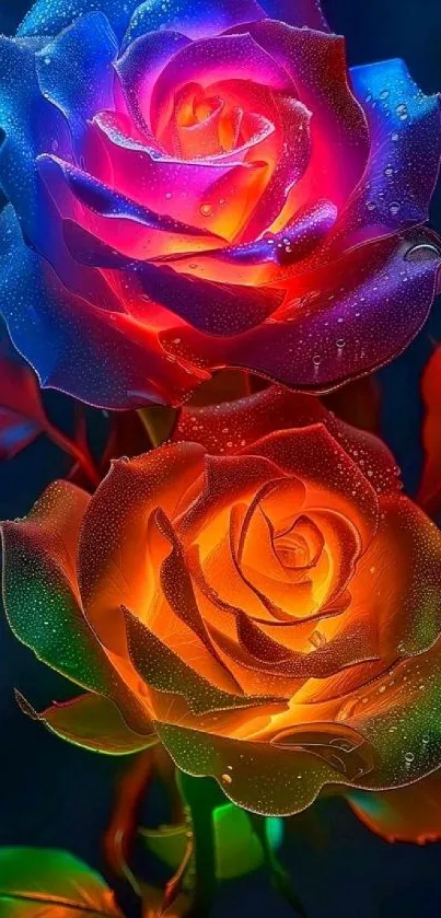 Vibrant rainbow roses with dewdrops on petals.