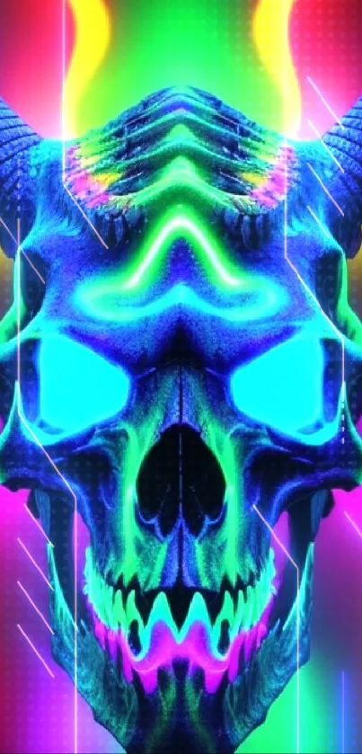 Neon skull with vibrant colors on a mobile wallpaper background.