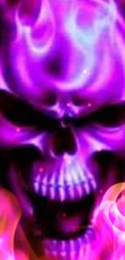 Vivid neon purple skull with fiery flames.