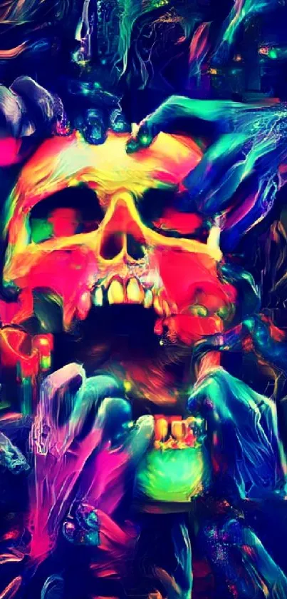 Vibrant neon skull with hands in colorful digital art design.