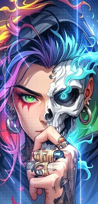 Anime inspired neon skull character art wallpaper.