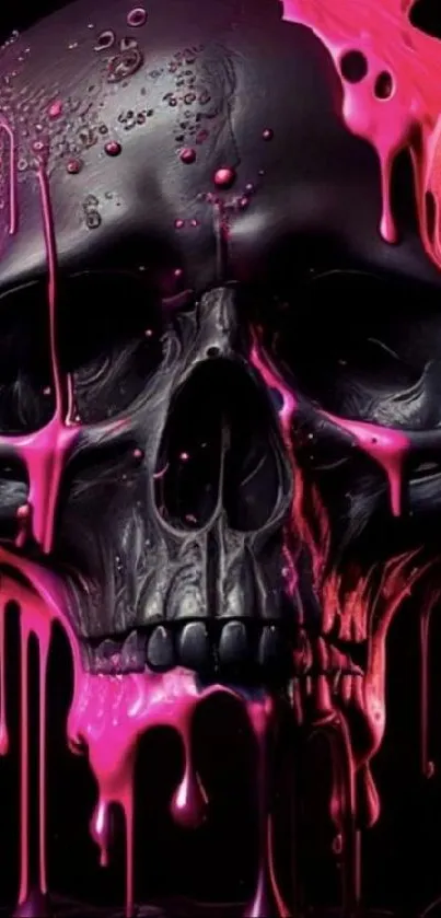 Neon skull with vivid pink paint on a dark background.