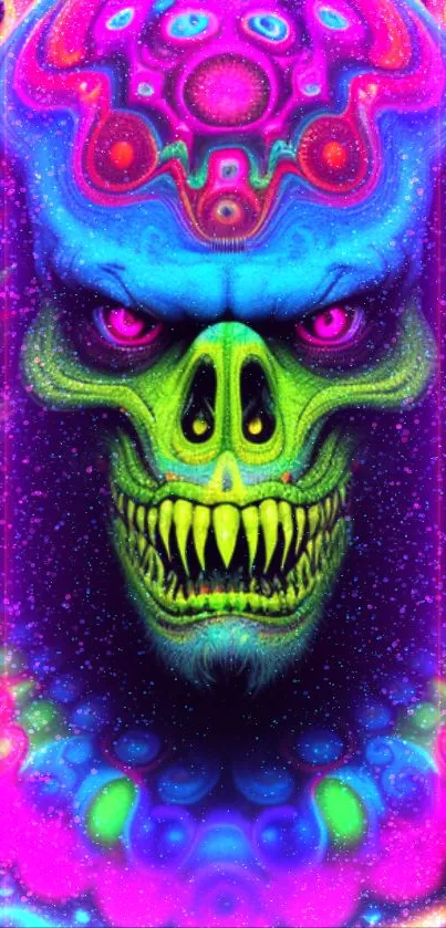 Vibrant neon skull wallpaper with psychedelic colors for mobile phone.