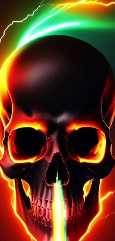 Vivid neon skull with fiery lightning effects on a dark background.