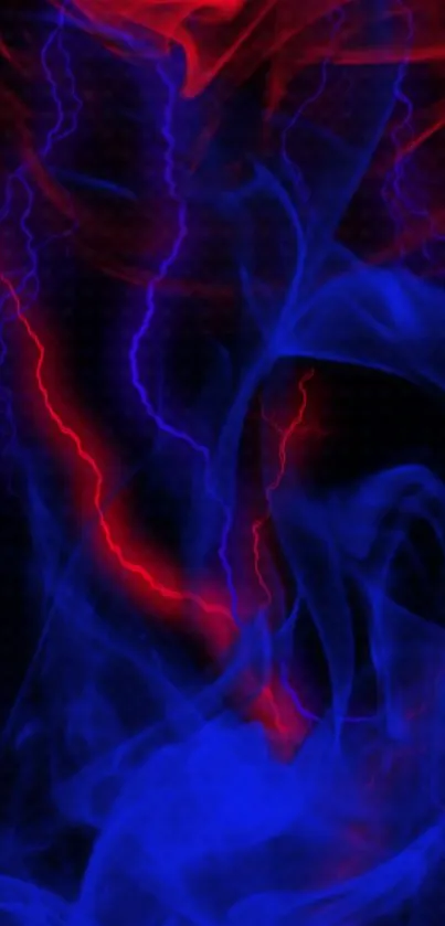 Electric blue and red neon smoke abstract wallpaper with swirling forms.