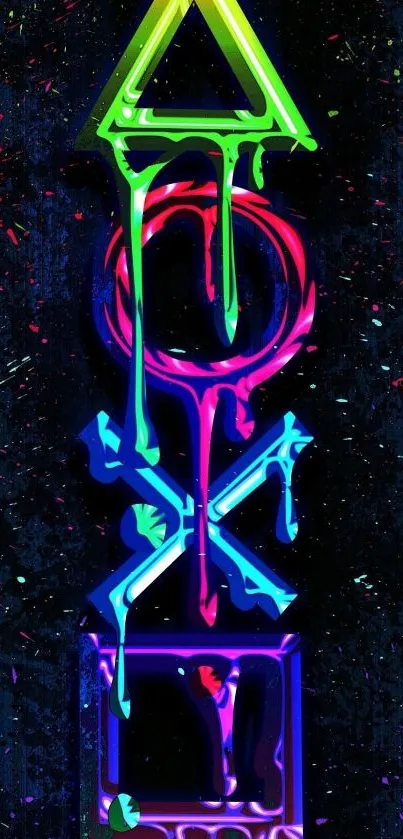 Neon symbols with vibrant colors on dark background.