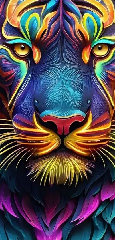 Vivid neon tiger artwork with intricate patterns on a mobile wallpaper.