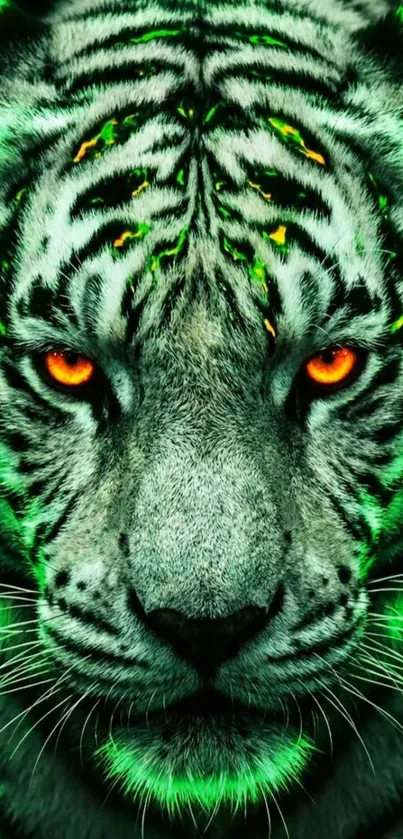 Vivid neon tiger face with glowing eyes on mobile wallpaper.