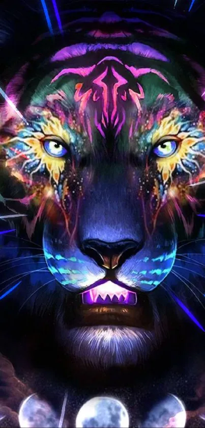 Vivid neon tiger design with moon phases.