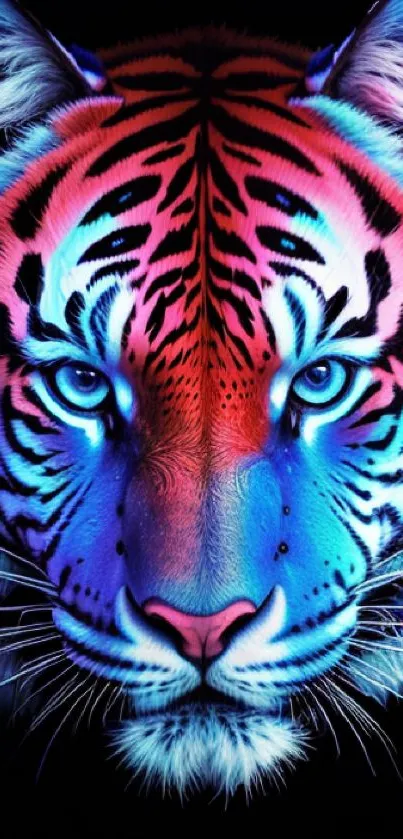 Neon tiger face with vivid colors on a dark background.