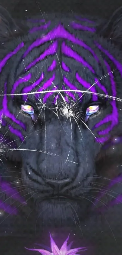 Neon tiger with vibrant purple stripes on a dark background.