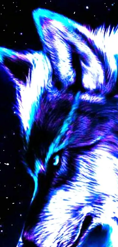 Vivid neon wolf surrounded by cosmic stars on a dark blue background.