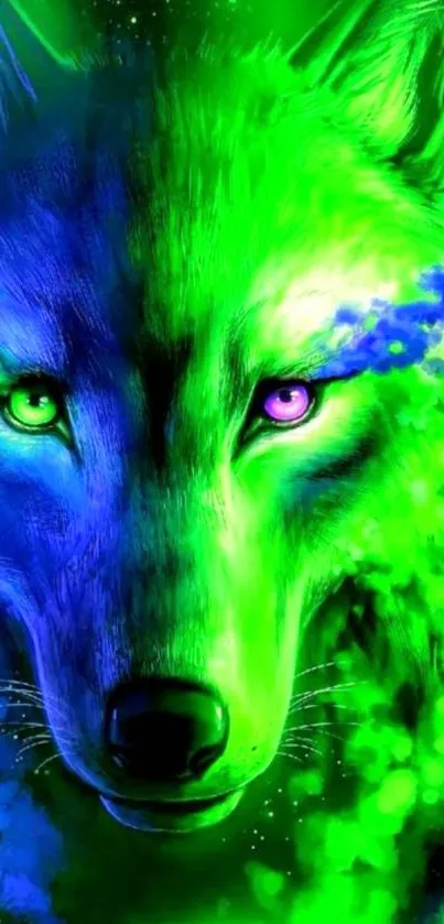 Neon wolf wallpaper in vibrant green and blue shades with a cosmic background.