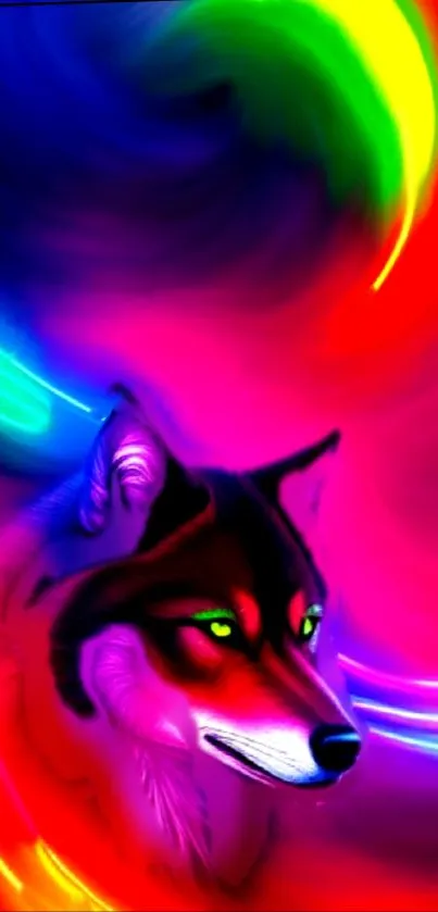 Vivid neon wolf with colorful swirls background.