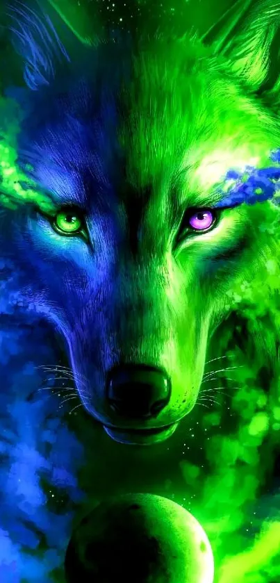 Vibrant neon wolf with green and blue hues in a stunning digital art design.