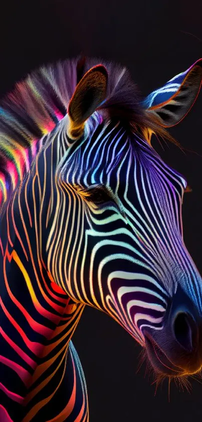 Neon rainbow zebra on dark background mobile wallpaper.