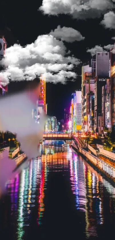 Vivid cityscape at night with bright reflections on the river.