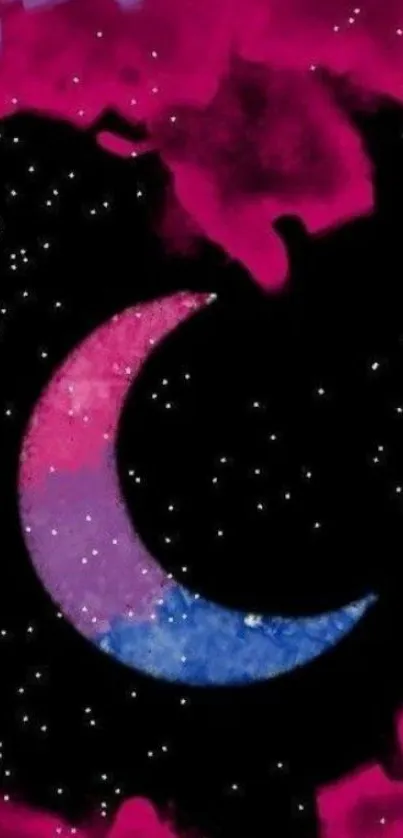 Vibrant crescent moon on a pink cosmic night sky wallpaper.